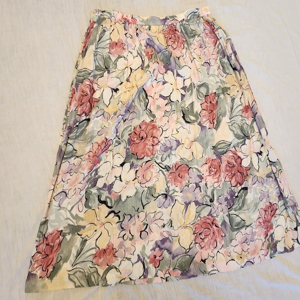 Alfred Dunner Vintage Floral Midi Skirt Pink Purple Yellow Rayon Made in USA 12